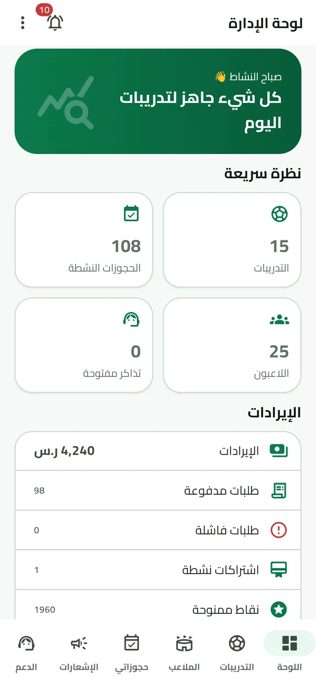 LOB app screenshot: Admin dashboard: at-a-glance sessions, bookings, players and tickets, with a revenue summary.